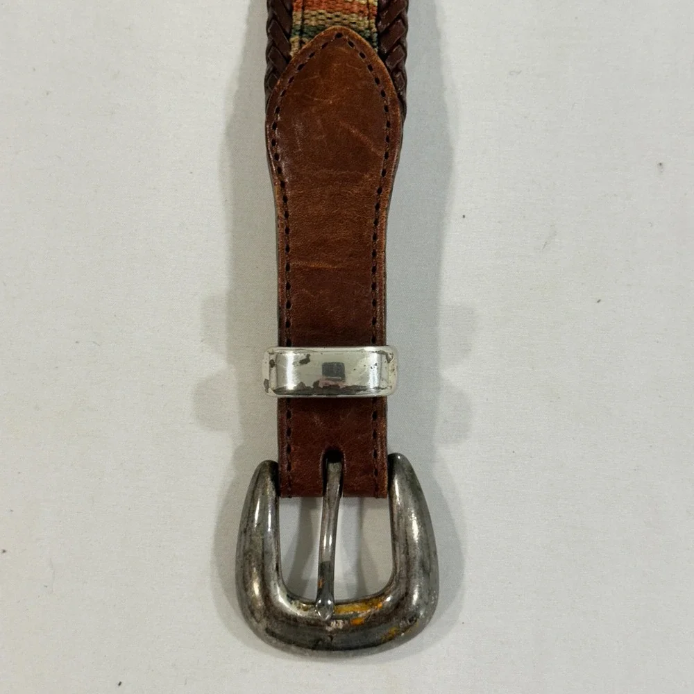 Vintage Western Woven Leather Belt Mens 36 Brown Braided Southwestern Buckle